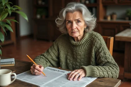 Femme de 50 ans concentrée sur une grille de mots croisés avec des noms de villes italiennes notés sur un carnet, ambiance chaleureuse d'intérieur rustique