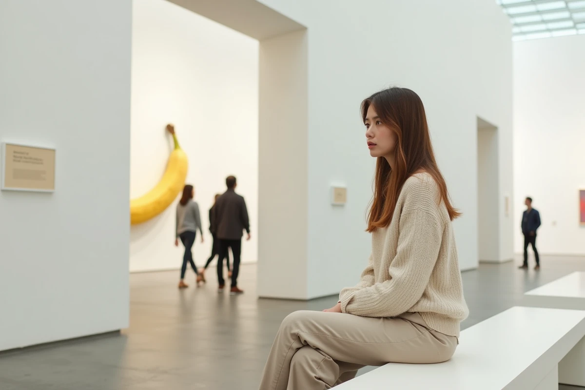 Jeune femme assise dans un musée avec des œuvres en arrière-plan