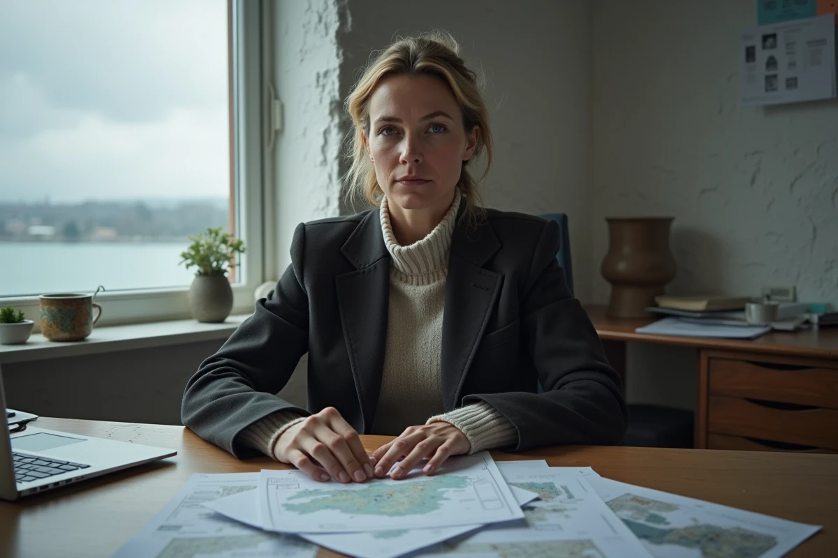 Femme concentrée avec carte et papiers sur bureau