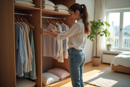 Femme organisée pliant ses vêtements dans une chambre lumineuse