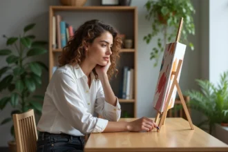 Femme regardant une peinture abstraite dans un salon lumineux
