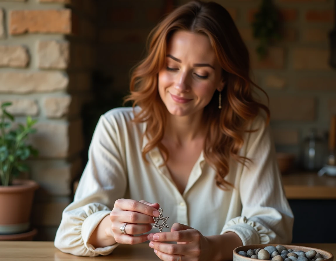 Femme tenant un pendentif triskel en argent dans une cuisine en pierre, symbole celtique dans la vie quotidienne