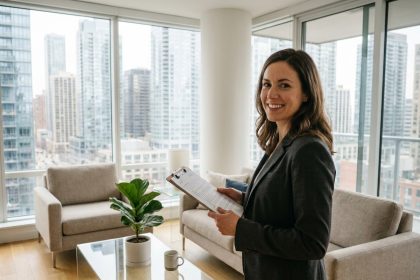 Femme professionnelle discutant d'investissement locatif dans un appartement