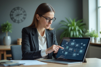 Femme professionnelle pointant un schéma digital sur tablette