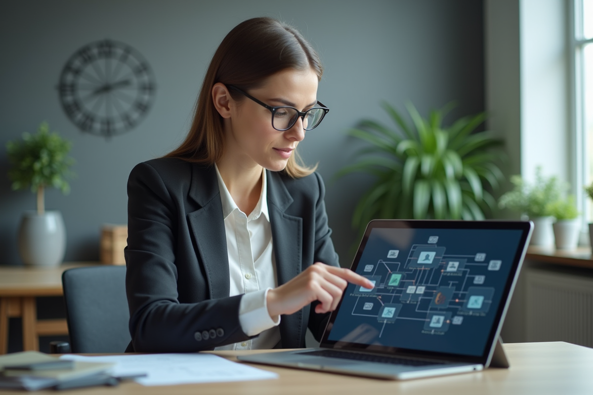 Femme professionnelle pointant un schéma digital sur tablette