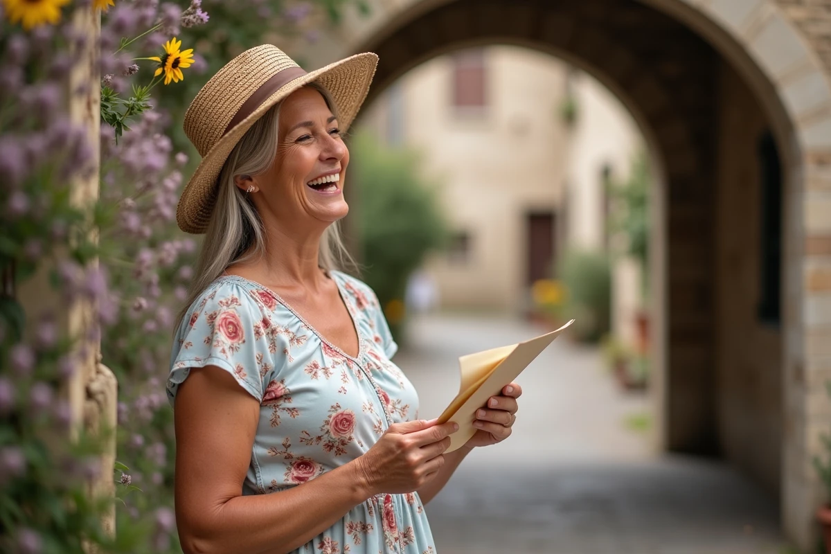 Femme souriante consultant le programme des animations gratuites lors d'une fête de village en Aveyron