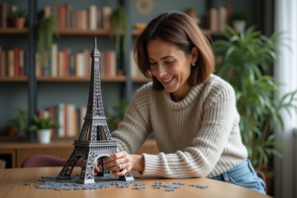 Femme d'âge moyen assemble un puzzle de la tour Eiffel