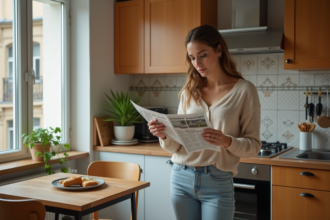Jeune femme regardant un journal de locations dans une cuisine chaleureuse