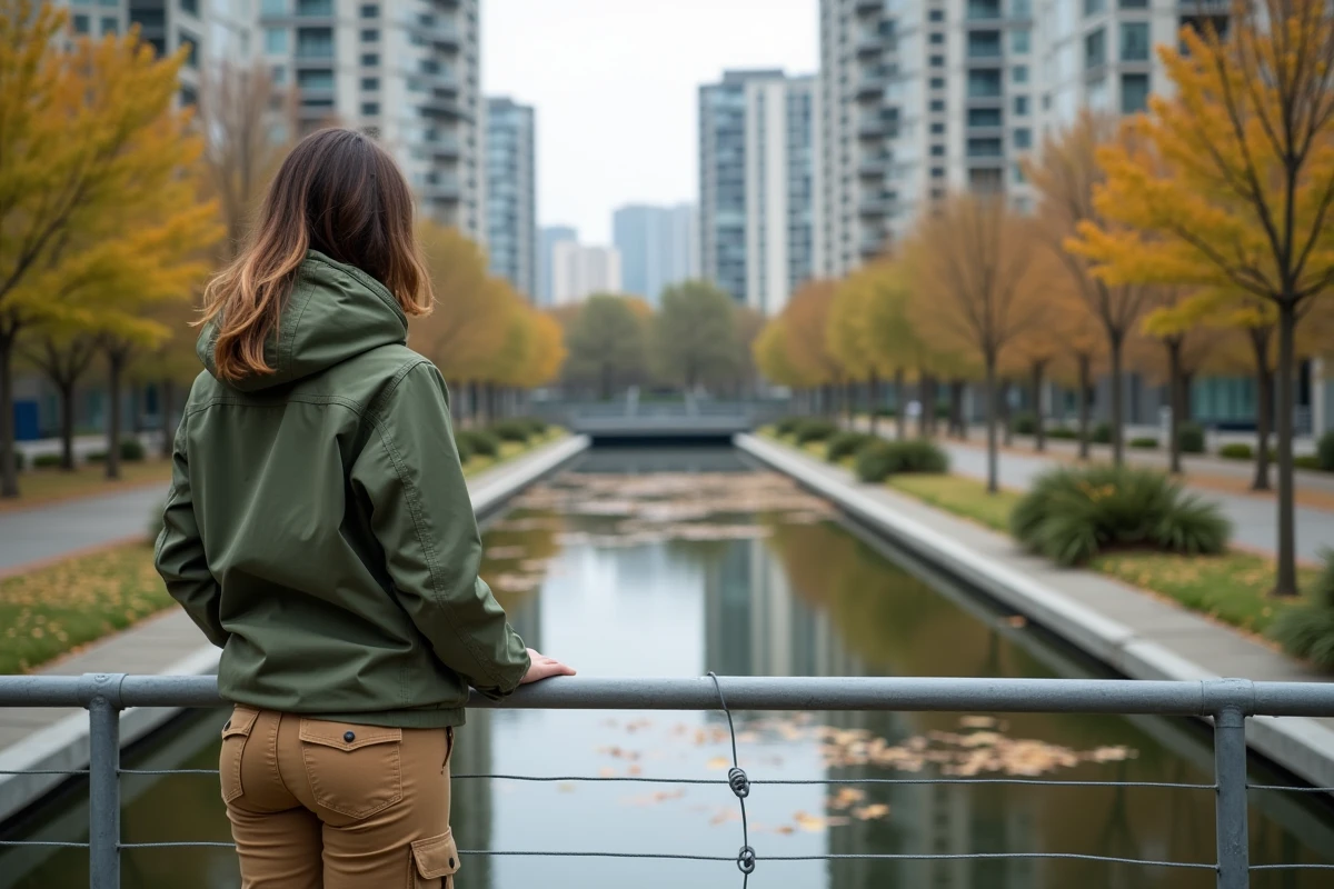 Jeune femme contemplant une bassine en ville automnale
