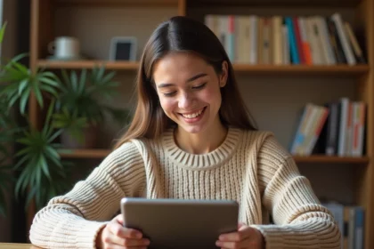 Jeune femme révisant le français avec une application éducative sur tablette dans un bureau à domicile