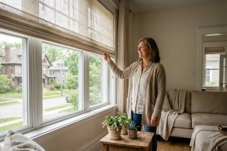 Femme ajustant un rideau pour plus d'intimité dans son jardin
