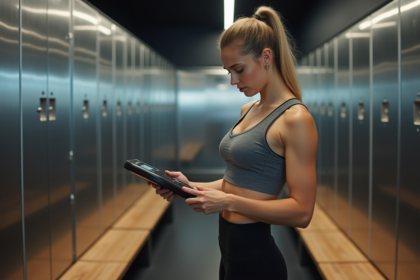 Jeune femme dans une salle de sport regardant la balance