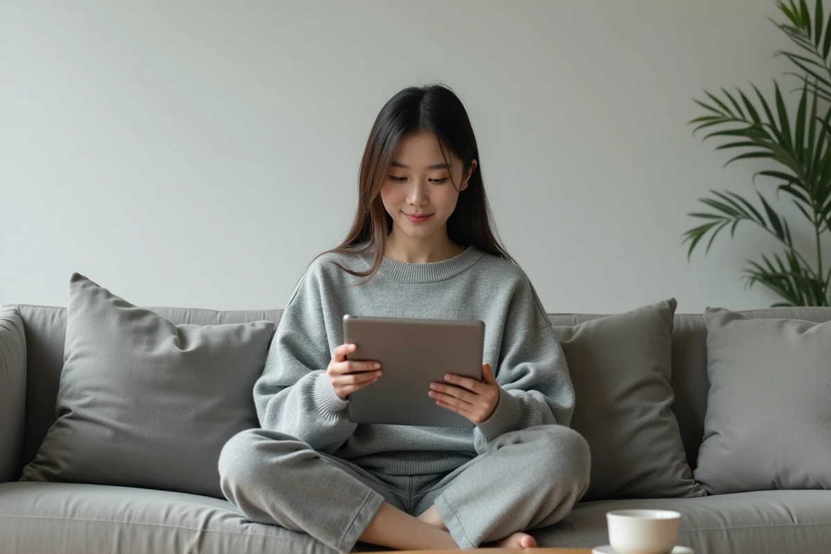 Jeune femme lisant des scans manga sur une tablette depuis un salon moderne, à la recherche d'alternatives à Crunshy
