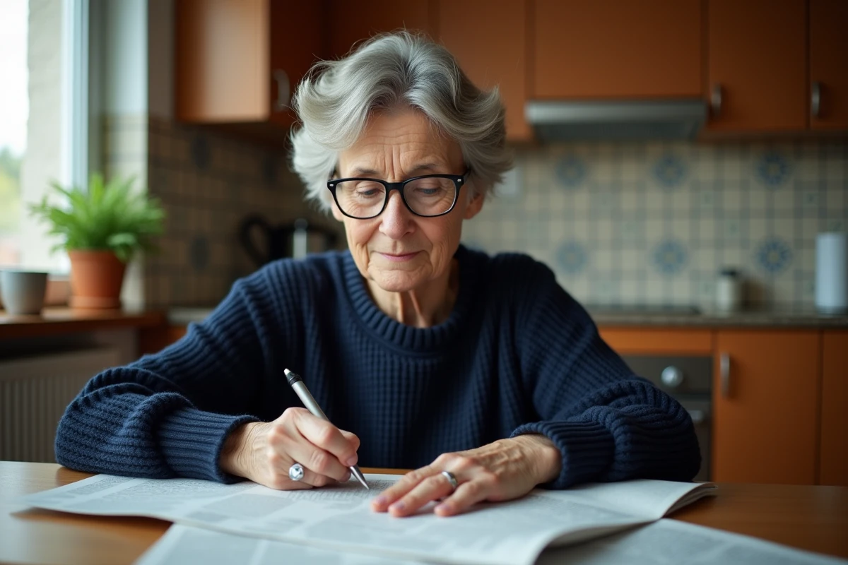 Femme serbe d'âge moyen résolvant des mots croisés dans une cuisine traditionnelle, illustrant la recherche de villes de Serbie en 3 lettres