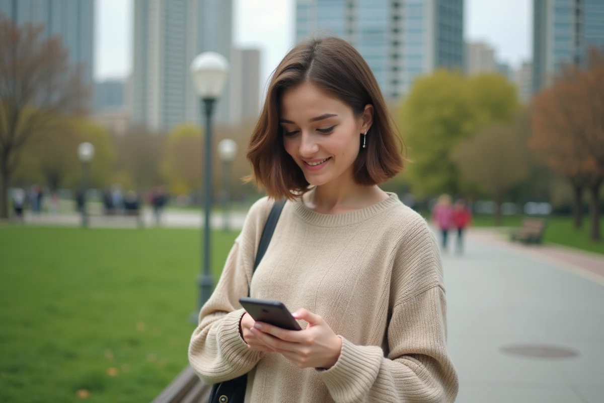 Jeune femme dans un parc urbain regardant son smartphone