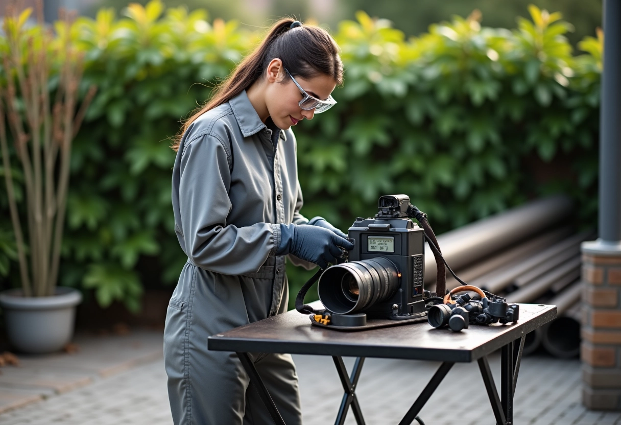 Jeune femme préparant ses outils de soudure en extérieur