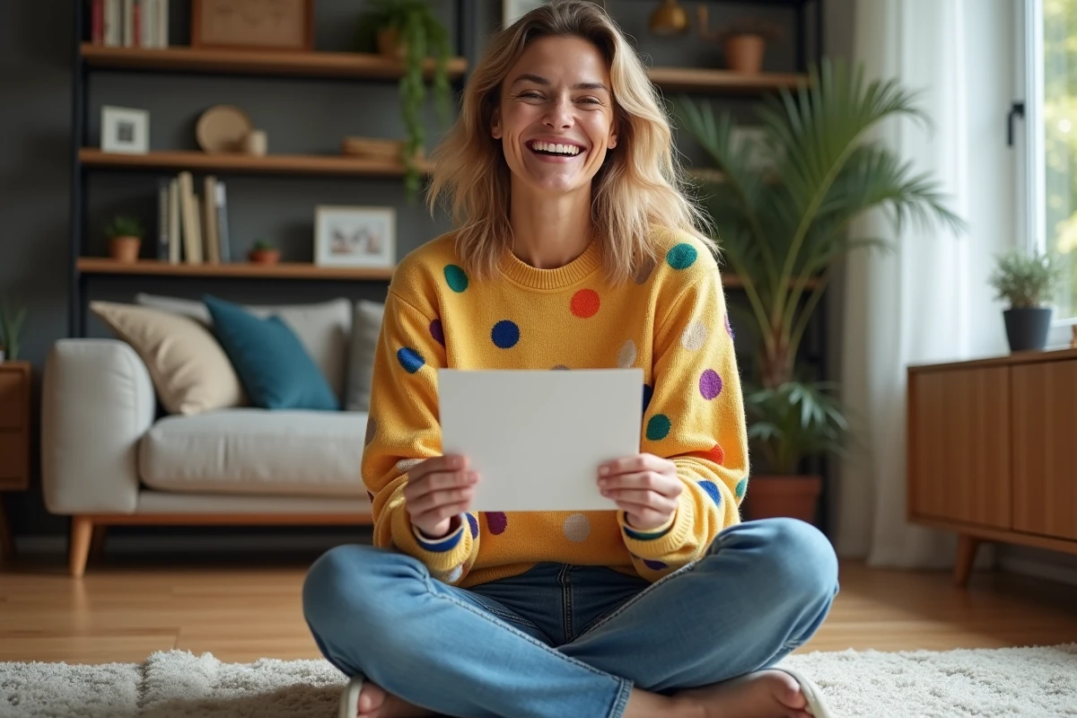 Femme souriante en pull à pois dans un salon cosy