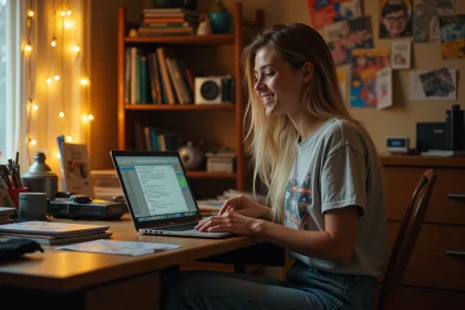 Une femme dans la trentaine redécouvre son ancien Skyblog sur un vieux laptop dans une chambre aux décors nostalgiques des années 2000