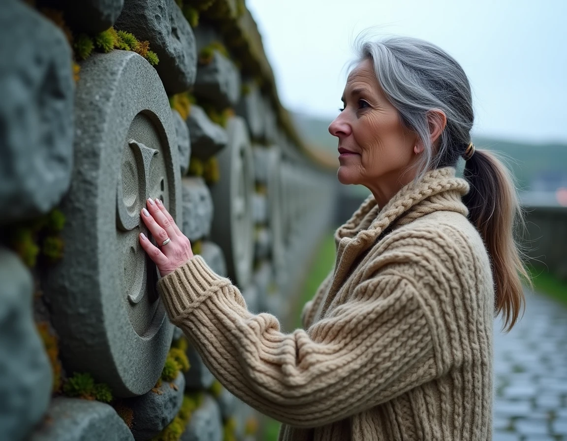 Femme devant un mur en granit breton avec un triskel sculpté, symbole celtique dans un paysage côtier