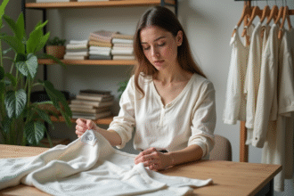 Jeune femme inspectant une étiquette de vêtement écologique