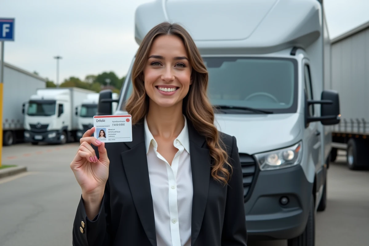 Femme souriante tenant son permis devant une voiture en parking