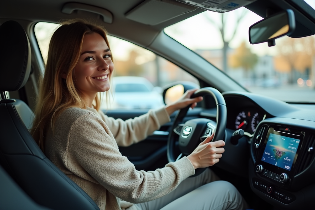 Jeune femme souriante au volant d