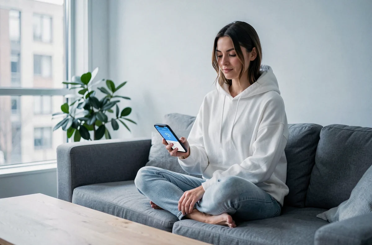 Jeune femme utilisant un VPN sur smartphone pour naviguer en toute sécurité sur un site de streaming