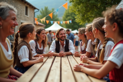 Groupe d'adultes et enfants en costumes traditionnels lors d'une fête de village