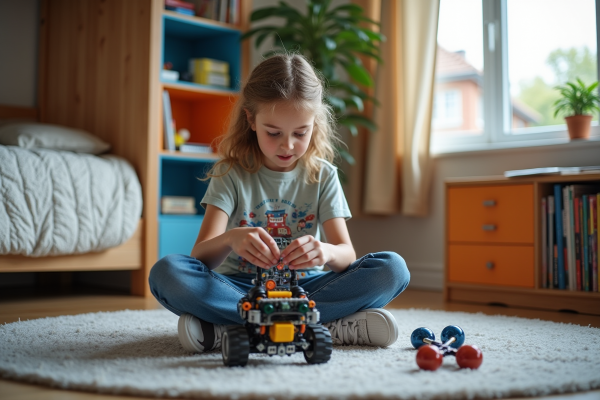 Fille construisant un robot éducatif dans sa chambre