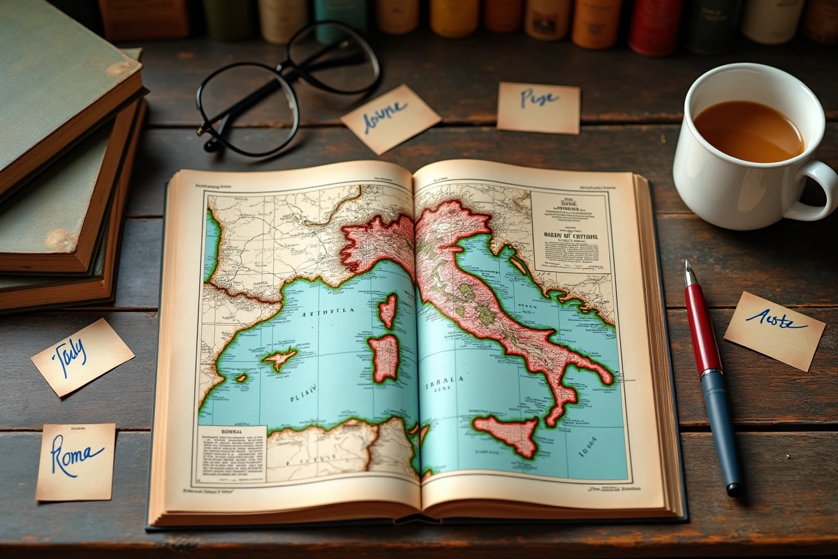 Flat-lay éditorial d'un atlas de l'Italie, d'une grille de mots croisés et de fiches manuscrites avec des noms de villes italiennes en quatre lettres sur un bureau en chêne