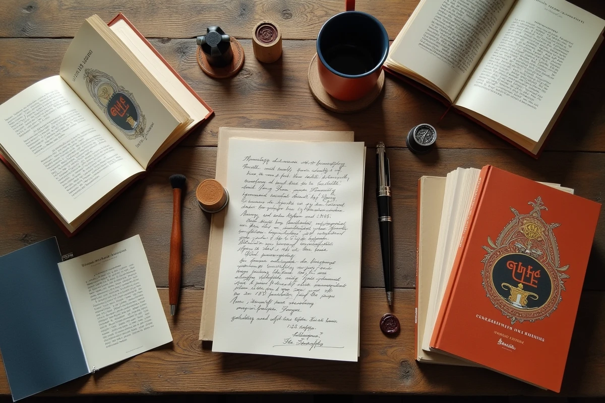 Plat de couverture de livres d'un éditeur indépendant avec notes éditoriales et stylo calligraphique sur table en bois