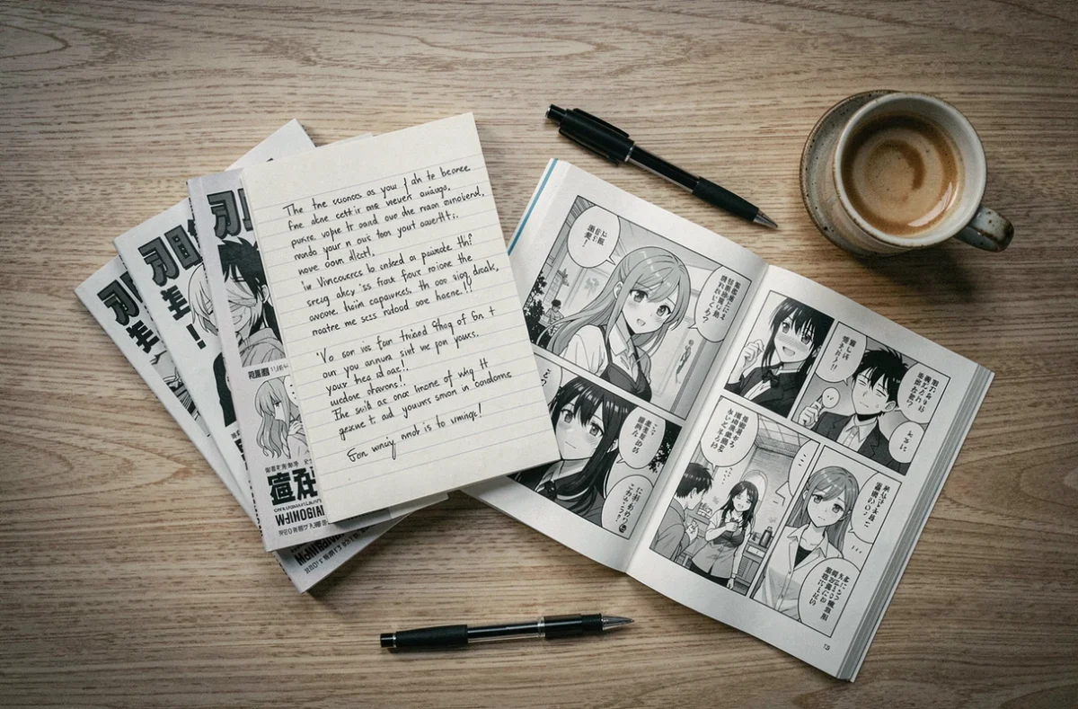Flat lay de mangas BL Epsilon ouverts sur une table en bois avec un carnet d'avis de fans et un café