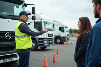 Formateur en gilet réfléchissant devant un camion blanc
