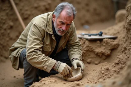 Archéologue sur le site de fouilles d'Alésia brossant un artefact romain dans une tranchée aux couches stratigraphiques visibles