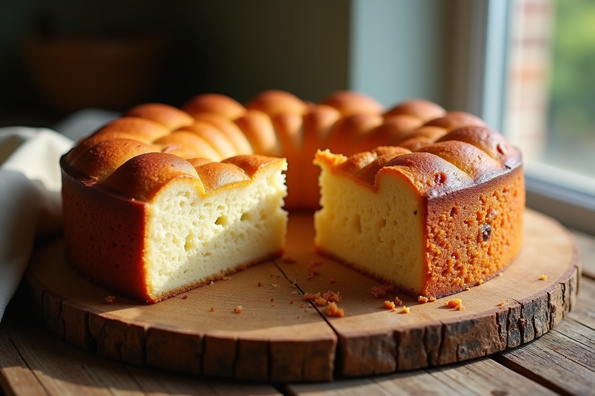 Gâteau de chorizo et chèvre frais tranché sur planche en bois
