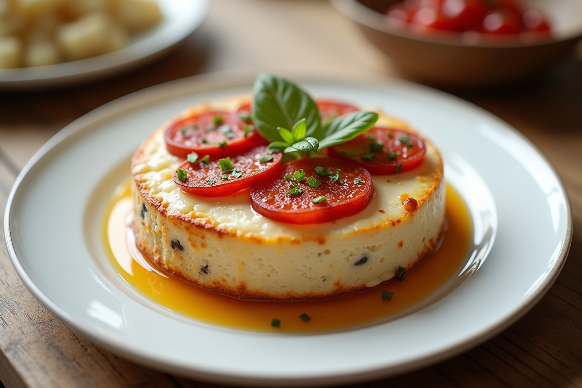 Gâteau de chorizo et chèvre présenté sur assiette blanche