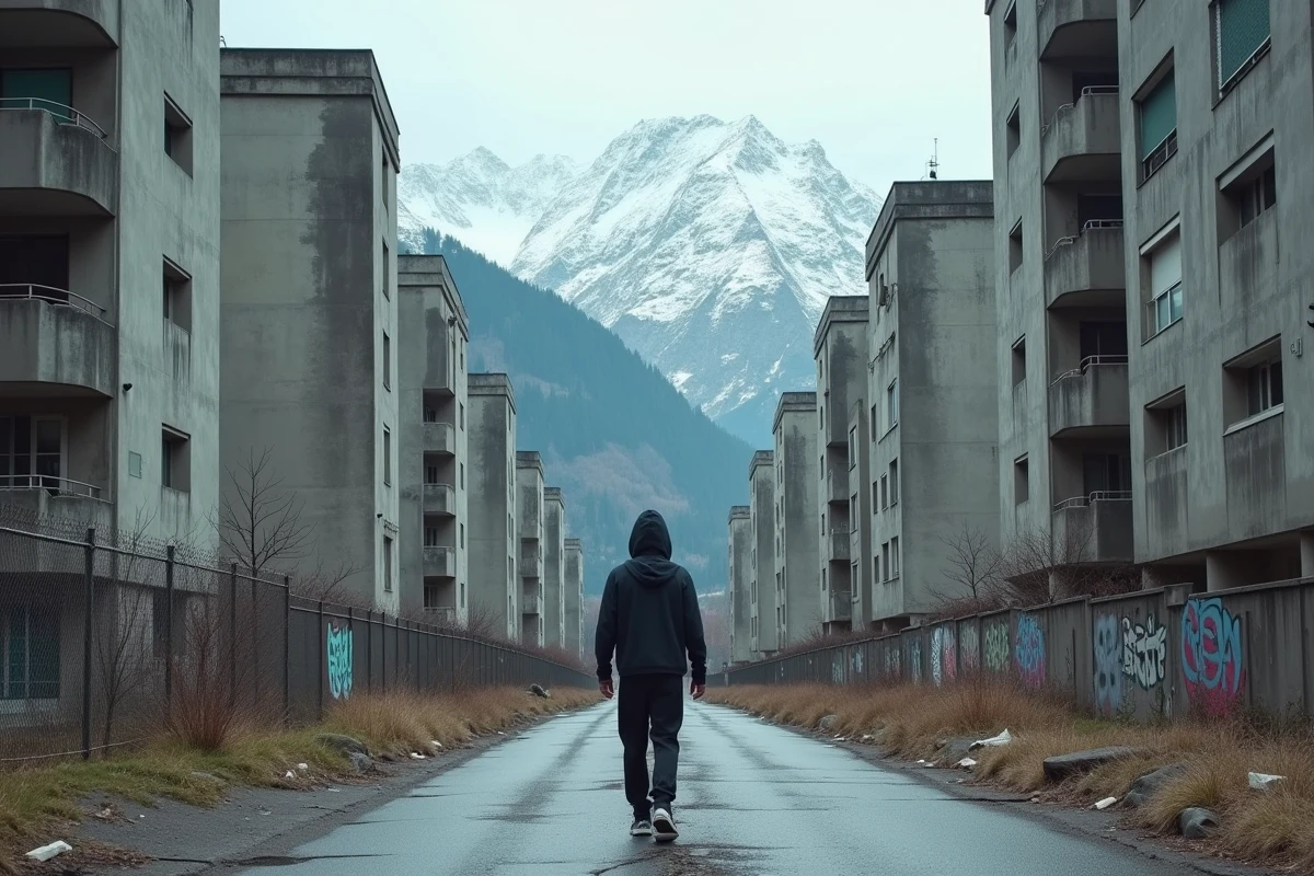 Quartier périphérique de Grenoble avec des tours en béton brutales et les Alpes enneigées en toile de fond