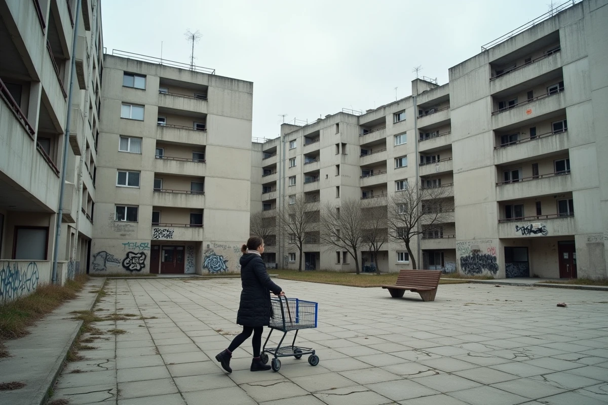 Place publique de Grigny avec une cité HLM brutaliste dégradée et des murs tagués en arrière-plan