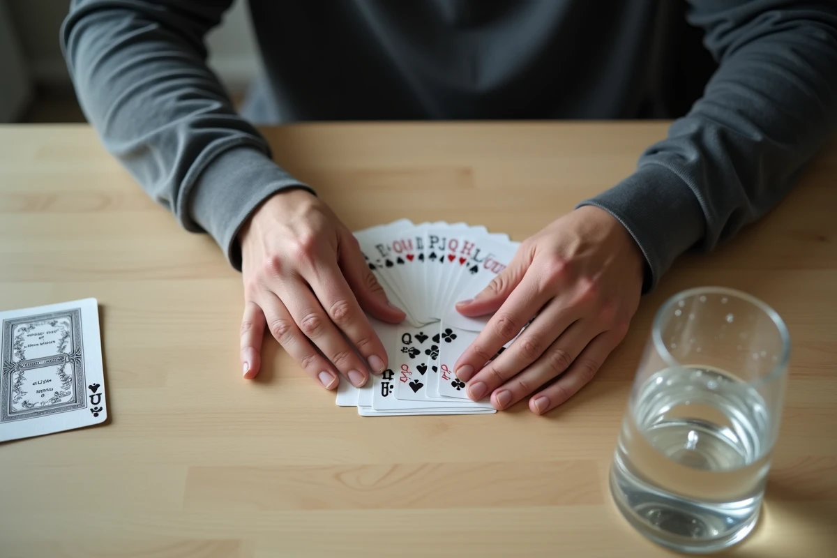 Gros plan sur des mains arrangeant des cartes à jouer en forme de palmier sur une table en bois, détail du geste typique du jeu alcool Palmier