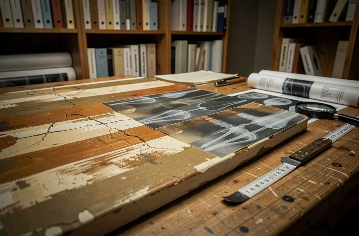 Gros plan sur la surface craquelée d'une peinture ancienne comparée à ses calques révélés par radiographie X