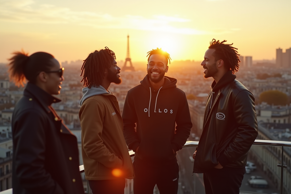 Groupe de rappeurs francais sur un toit avec vue sur Paris