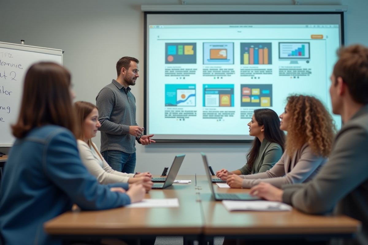 Groupe d'apprenants en formation numérique dans une salle lumineuse