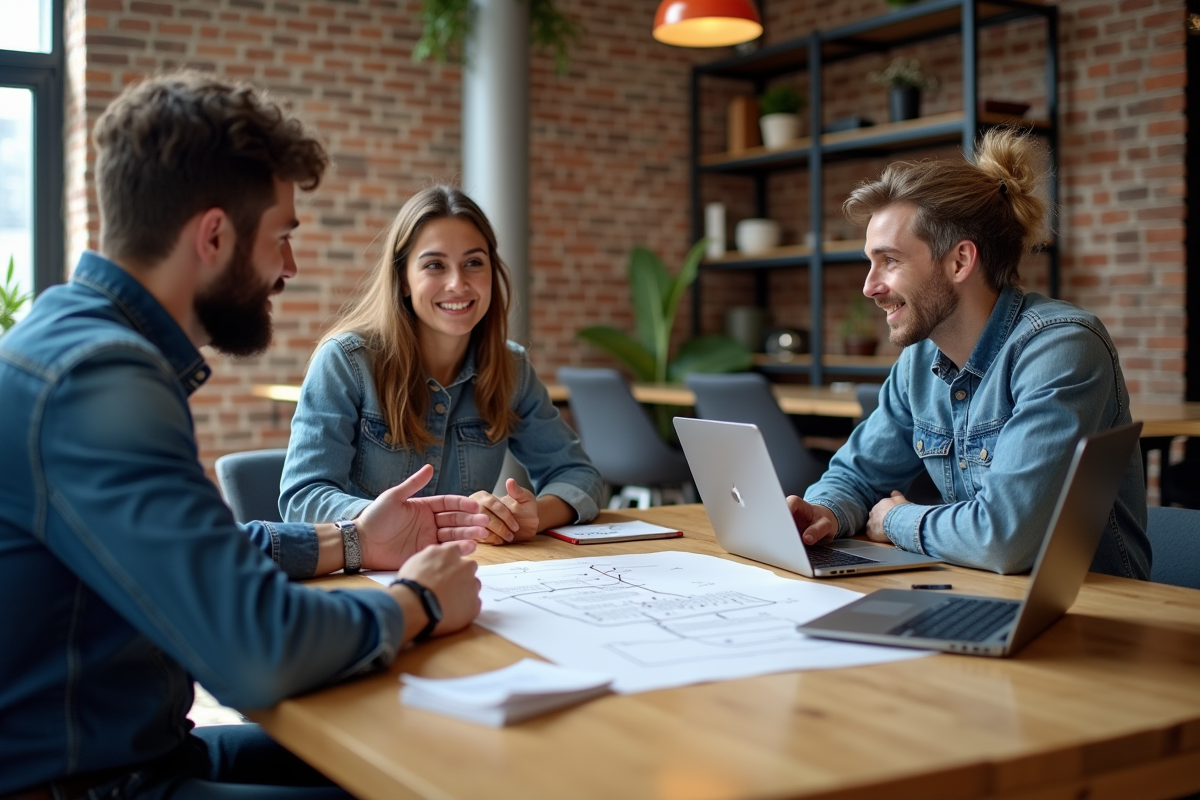 Groupe diversifié discutant autour d une table de coworking