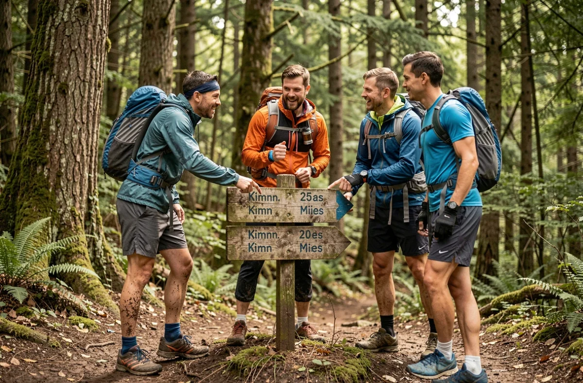 Groupe de coureurs de trail consultant un panneau de signalisation forestier indiquant des distances en kilomètres et en miles