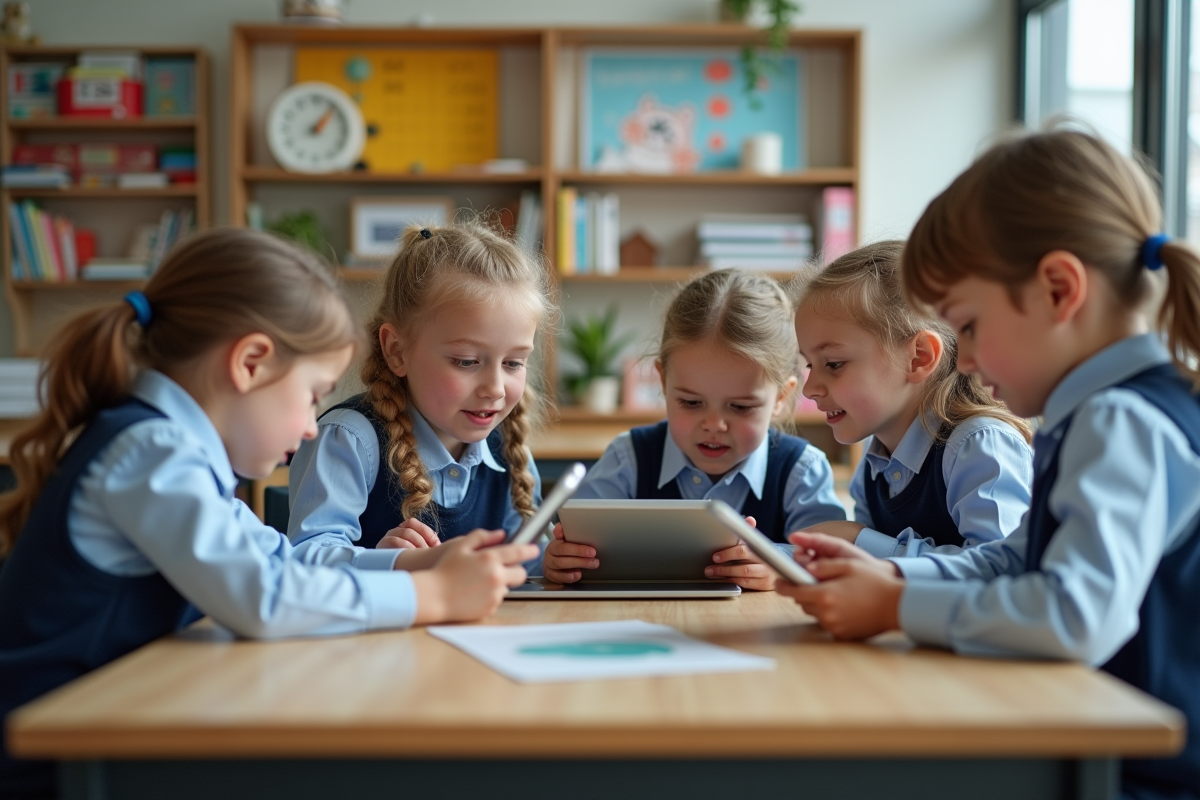 Enfants en classe utilisant des tablettes dans une salle moderne