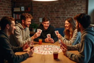 Groupe de jeunes adultes jouant au jeu de cartes Palmier autour d'une table en bois avec des verres et une ambiance conviviale en appartement