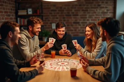 Groupe de jeunes adultes jouant au jeu de cartes Palmier autour d'une table en bois avec des verres et une ambiance conviviale en appartement