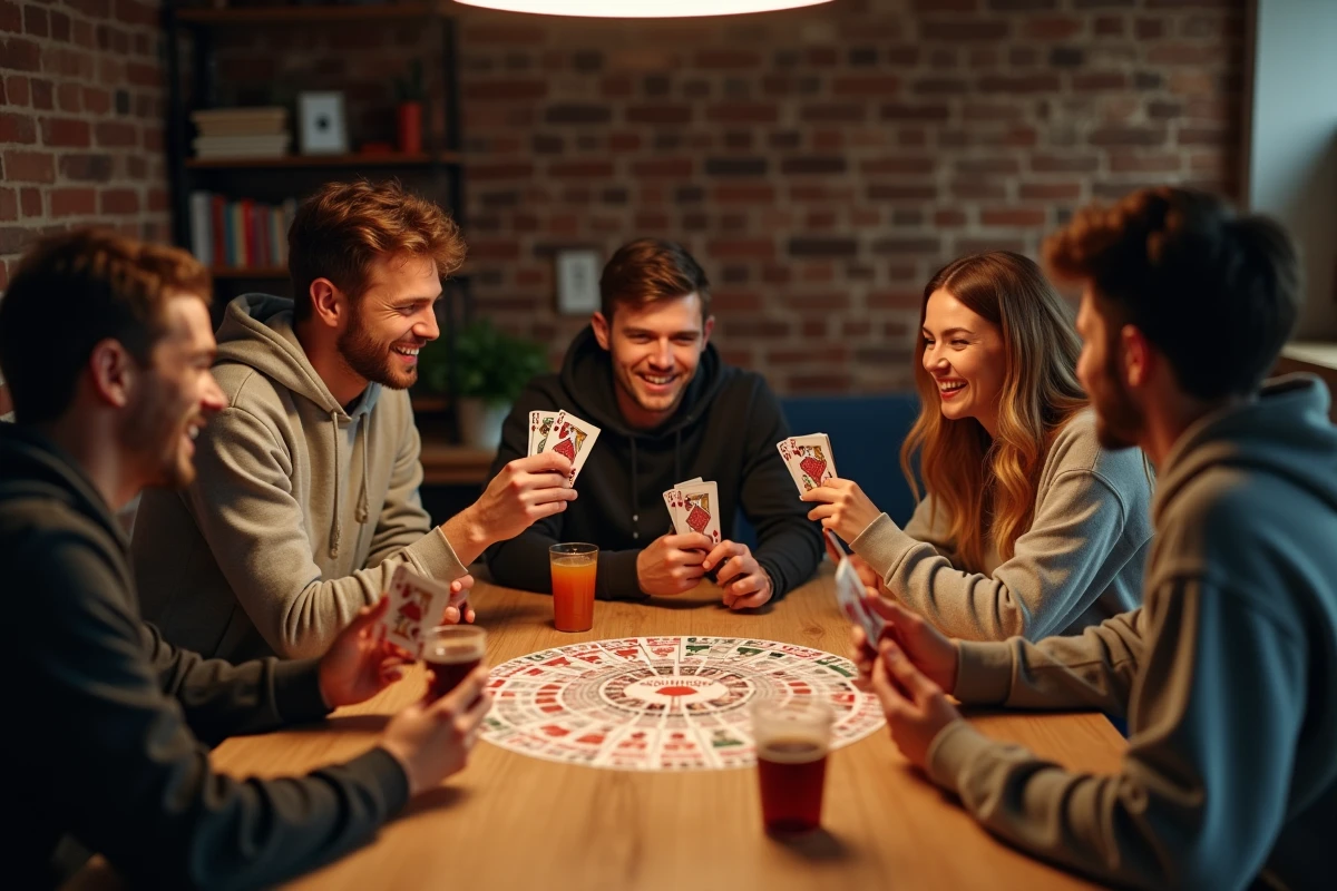 Groupe de jeunes adultes jouant au jeu de cartes Palmier autour d'une table en bois avec des verres et une ambiance conviviale en appartement