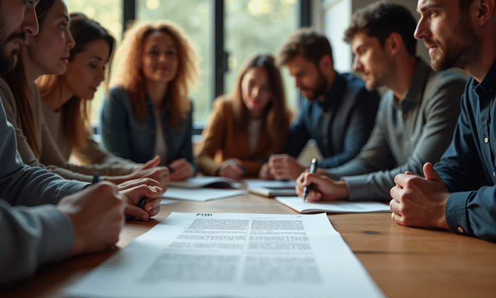 Groupe de personnes autour d'une table regardant un document codé P1351