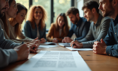 Groupe de personnes autour d'une table regardant un document codé P1351